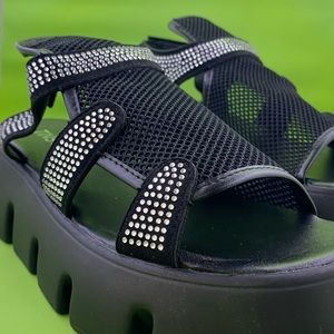 Tinstree Black Rhinestone Sandals - Rubber Sole with Mesh
